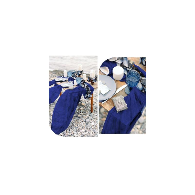 Chemin de table gaze de coton BLEU MARINE 4m x 0,90 m